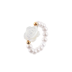 Elegant white shell flower ring featuring freshwater pearls and gold bead accents