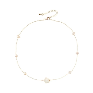Elegant gold chain necklace with freshwater pearls and a white shell rose flower pendant