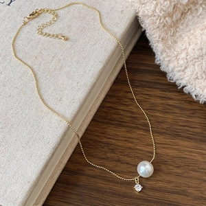 Artificial Pearl Pendant Necklace Copper Gold Plated With Zircon Round Bead Chain Clavicle Jewelry For Women