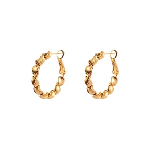 Minimalist golden twisted hoop earrings with a polished metallic spiral texture