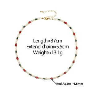 Detail of red agate and peacock green bead necklace with dimensions and gold clasp