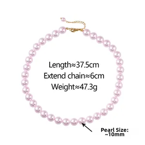 Detail of pink pearl necklace with gold clasp and 6cm extension chain, 10mm pearls
