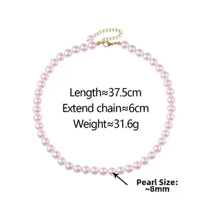 Detail showing 8mm pink pearls with adjustable golden clasp and dimensions for this necklace