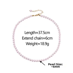 Detail showing 37.5cm light pink pearl necklace with 6cm gold extension chain and buckle
