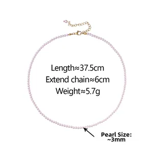 Detail showing 3mm lavender pearls necklace with stainless steel lobster clasp and chain