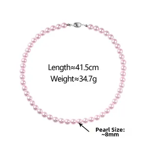 Detail view of purple pearl necklace with 8mm beads, 41.5cm length and 34.7g weight