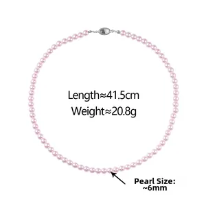 Close-up of 41.5cm taro purple pearl necklace with metal clasp and 6mm beads