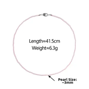 Detail of 3mm taro purple pearl necklace with silver buckle, length 41.5cm and weight 6.3g