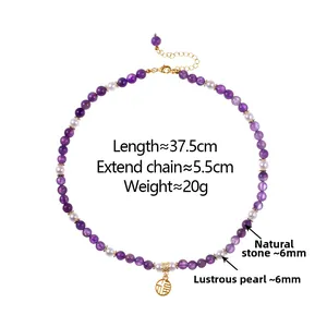 Detail of amethyst and pearl beaded necklace with gold Fu character pendant and dimensions