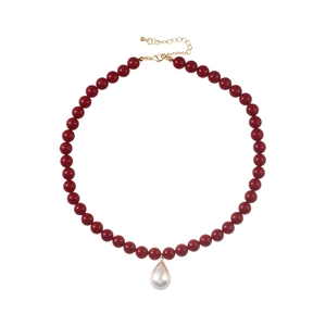 Elegant necklace with red beads and large teardrop pearl pendant for Christmas styling