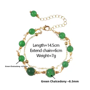 Detail of double-layer bracelet with green chalcedony beads and gold-plated chain