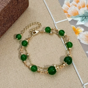 Handcrafted green chalcedony beaded double-layer bracelet with gold plating for women