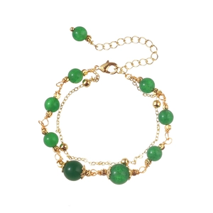 Elegant gold plated double-layer bracelet featuring green chalcedony beads and adjustable chain