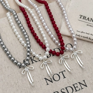 Artificial Pearl Beaded Necklace With Bow Pendant Retro Sweet Style Fashion Jewelry For Women Versatile Choker