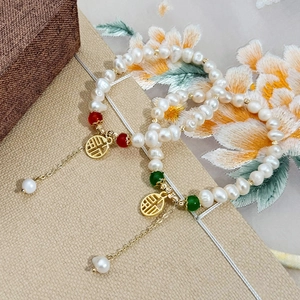 Bracelet En Perles Eau Douce Avec Agate Et Pendentif Fu En Cuivre Style Chinois Vintage Plaqué Or Bijoux Femmes