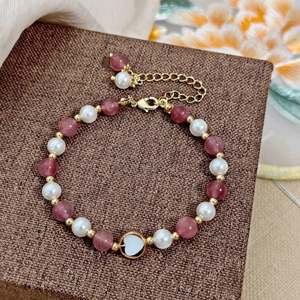 Handmade Beaded Bracelet With Strawberry Quartz Artificial Pearl And Heart Pendant Gold Plated Brass Sweet Elegant For Women