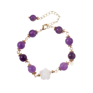 Gold-plated handmade bracelet with purple natural stones and white shell rose charm