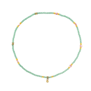 Handmade beaded bracelet with natural green stones, pink crystals, and golden butterfly charm