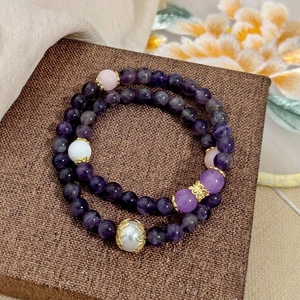 Elegant double-layer beaded bracelet with natural purple crystal and pink stones