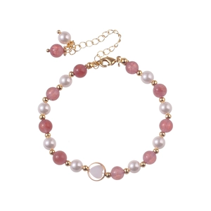Pink strawberry quartz and pearl beaded bracelet with gold heart charm and lobster clasp