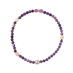 Elegant beaded bracelet with natural purple amethyst, pink stones and a pearl center