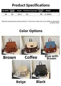 Detailed size specifications and multi-color options for the vintage PU leather backpack