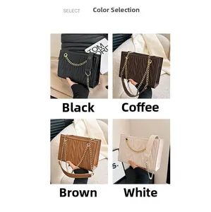 Quilted crossbody bag color options in black, coffee, brown, and white with gold chain