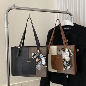 Women Large Capacity Patchwork PU Leather Tote Bag Contrast Color Shoulder Bag With Silk Scarf Decoration Casual Daily Purse