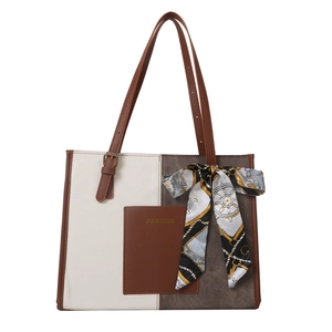 Canvas and leather patchwork tote bag with silk scarf and adjustable strap
