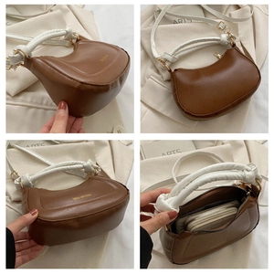 Vues détaillées d'un sac hobo marron avec poignée nouée blanche et bandoulière réglable