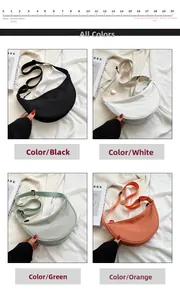 Detail view of nylon crescent bags in black, white, green and orange with adjustable straps