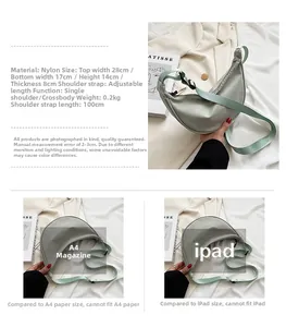 Size comparison and specifications of the light green crescent nylon crossbody bag