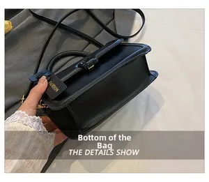 Detail view of the bag's base and side profile with Fashion tag and leather texture