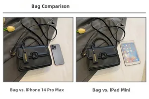 Size comparison of black leather crossbody bag next to a smartphone and tablet