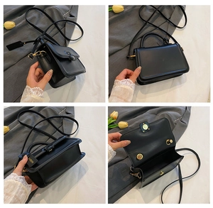 Detail shots of black square crossbody bag showing gold magnetic closure and interior