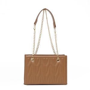 Brown chevron quilted PU leather chain shoulder bag with gold hardware on white background