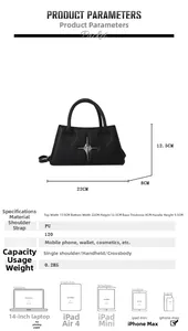 Detailed size parameters of a black star-buckled handbag with crossbody strap measurements