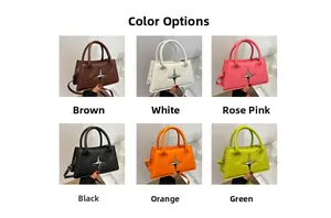 Multi-color display of square crossbody bags in brown, white, pink, black, orange and green