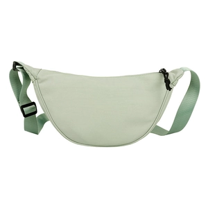 Minimalist mint green nylon crescent crossbody bag with black zipper on white background
