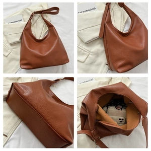 Four-grid view of a dark brown litchi pattern hobo bag showing capacity and strap details