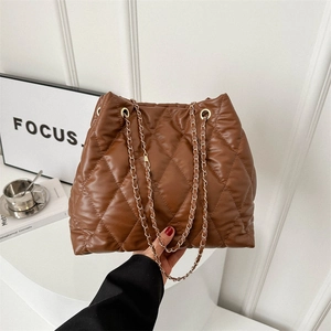 Quilted mocha brown chain tote bag with rhombus pattern and spacious design