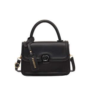 Classic black leather crossbody bag with matte twist lock and fashion hangtag