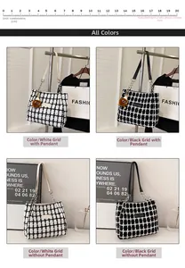 Detailed comparison of checkered tweed tote bags in white and black with chain straps