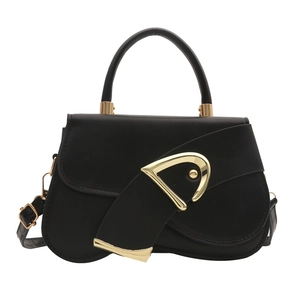 Classic black saddle handbag with matte leather finish and large golden D-shaped buckle