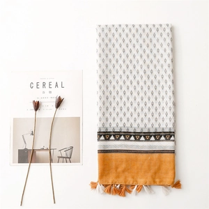 Boho-Schal aus Baumwolle und Leinen mit Sternmuster, gelbem Block und Fransenborte