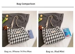 Plaid wool tote bag size comparison with tablet and phone in a lifestyle setting
