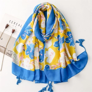 Floral Print Scarf Shawl With Tassels Contrast Color Yellow Blue Sun Protection Summer Beach Travel Polyester Women Chic
