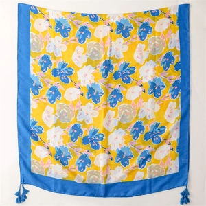 Artistic yellow and blue floral cotton scarf with tassels for summer sun protection
