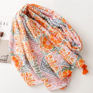 Cotton linen floral geometric scarf shawl with orange tassels for women's beach or daily wear