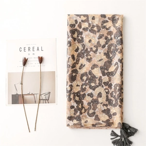 Leopard print cotton linen shawl scarf with tassels and trendy gold foil accents